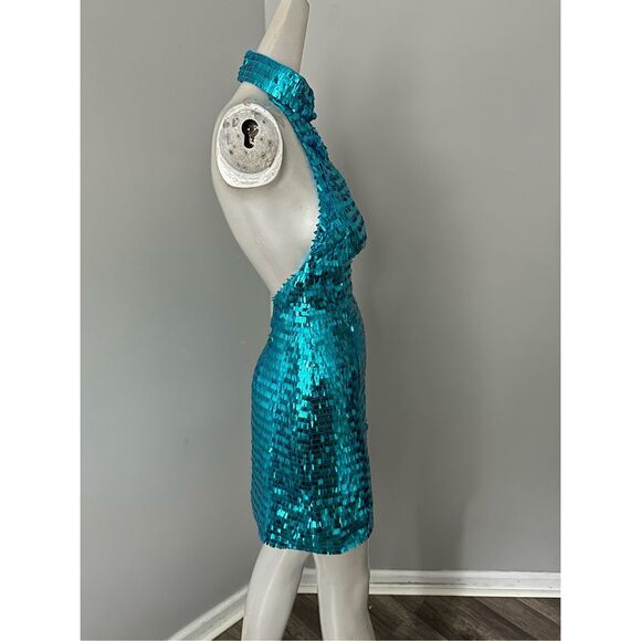 NWT Sau Lee Sequins Sleeveless Open Back Mae Mini Dress Peacock Blue Size 0 $395 - Picture 10 of 12